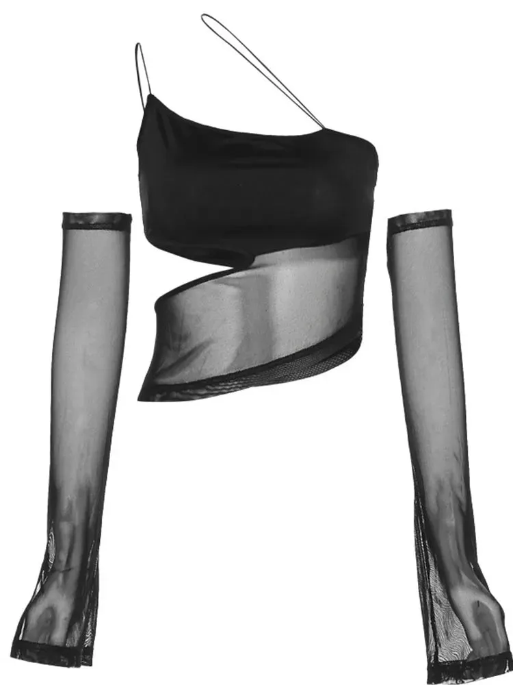 Asymmetrisches Mesh Crop-Top mit Ärmeln im Fairy-Grunge-Stil