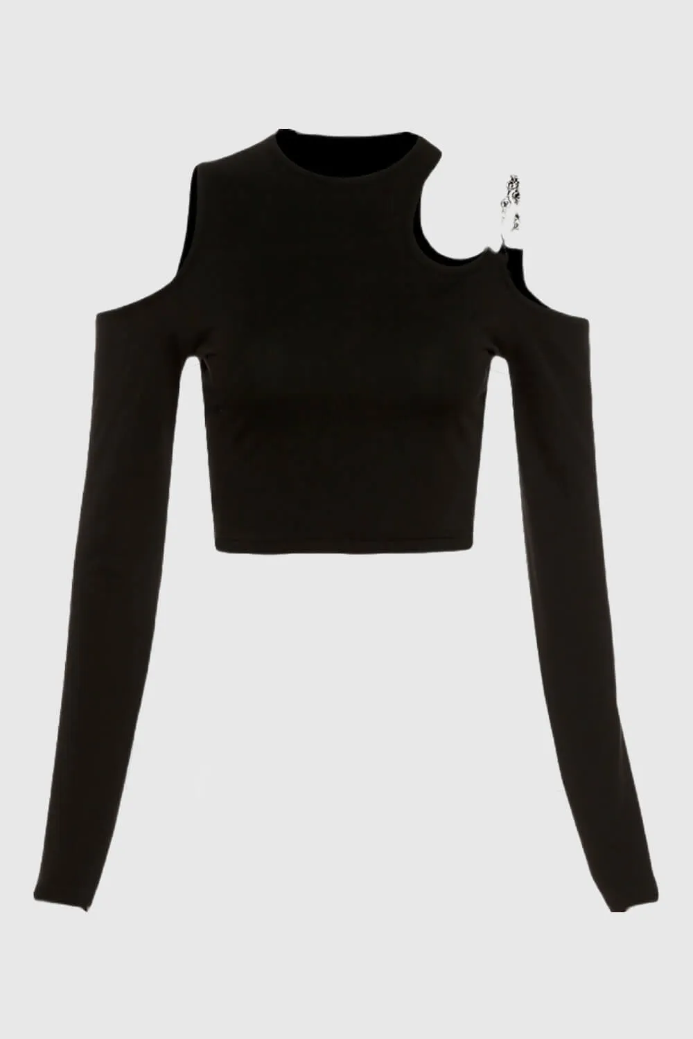 Black Long Sleeve Crop Top One Shoulder Chain Strap