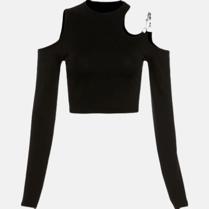 Black Long Sleeve Crop Top One Shoulder Chain Strap