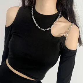 Black Long Sleeve Crop Top One Shoulder Chain Strap