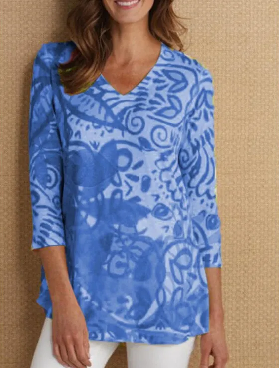 Fashion Squandering Three-quarter Sleeve Print All-match V-neck T-shirt