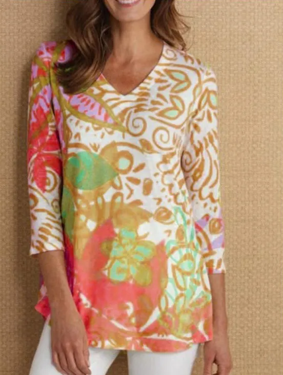 Fashion Squandering Three-quarter Sleeve Print All-match V-neck T-shirt