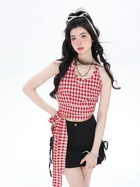 French Sweet Plaid Strap Suspenders Tops