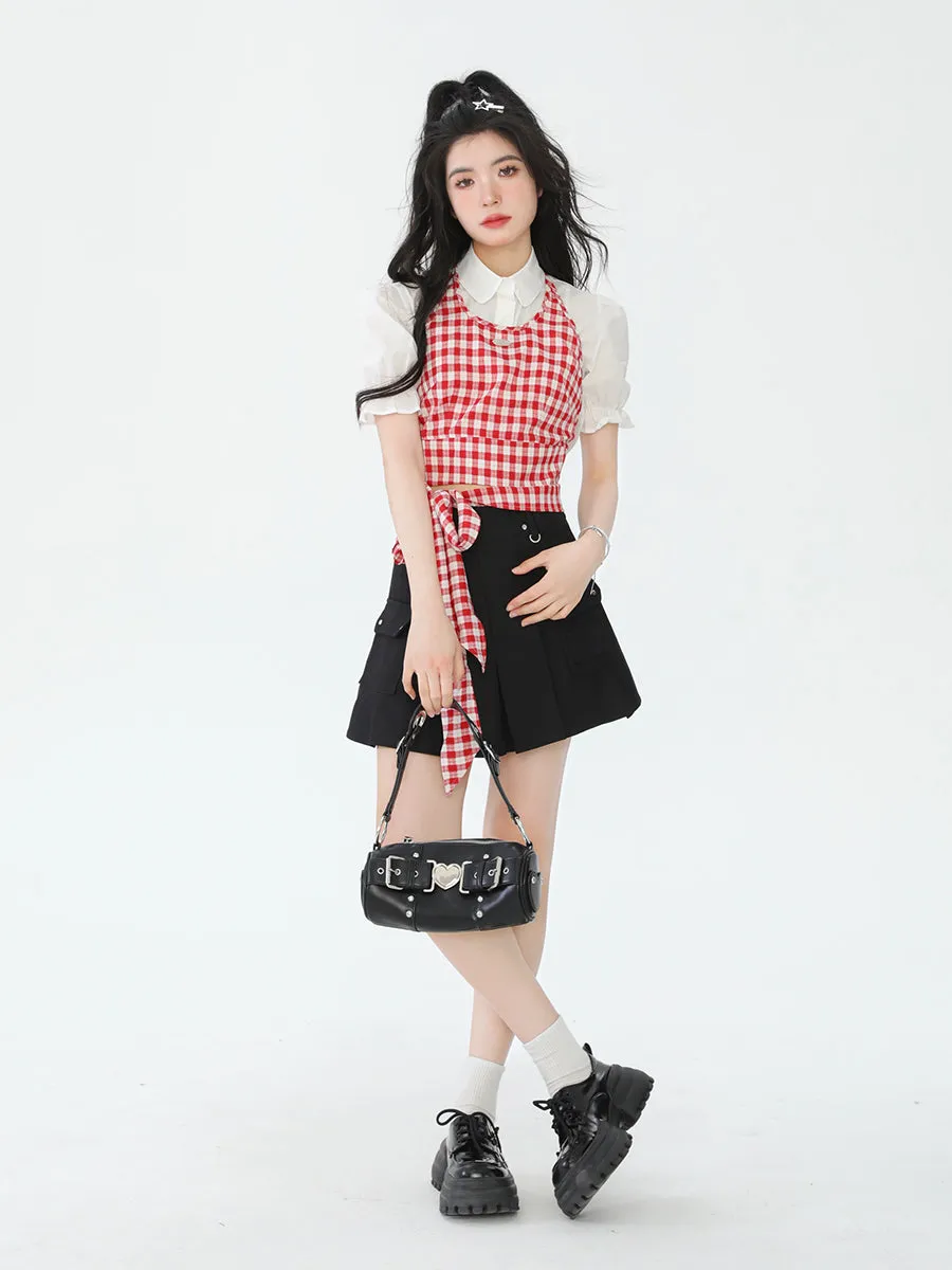 French Sweet Plaid Strap Suspenders Tops