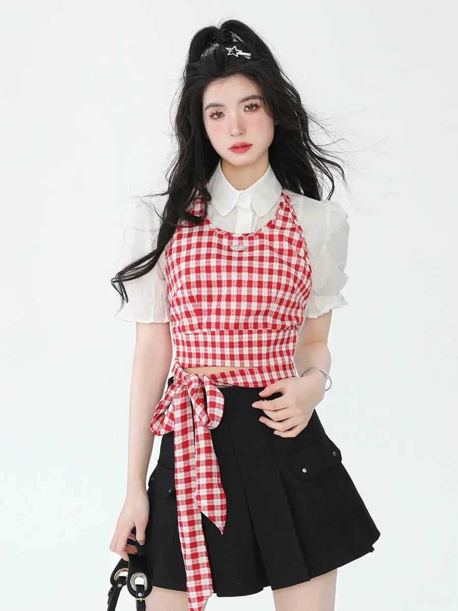 French Sweet Plaid Strap Suspenders Tops