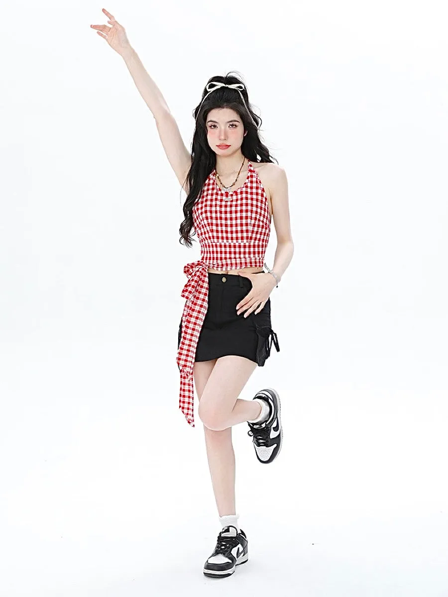 French Sweet Plaid Strap Suspenders Tops