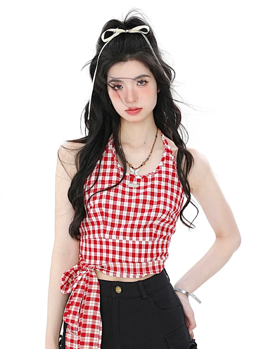 French Sweet Plaid Strap Suspenders Tops
