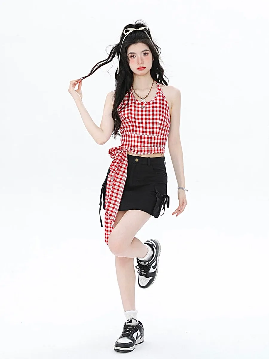 French Sweet Plaid Strap Suspenders Tops