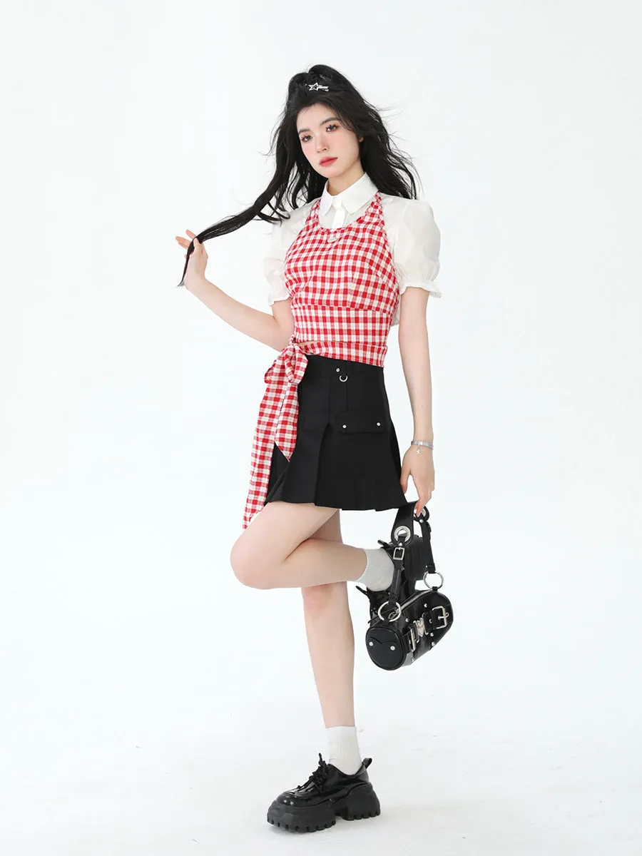 French Sweet Plaid Strap Suspenders Tops