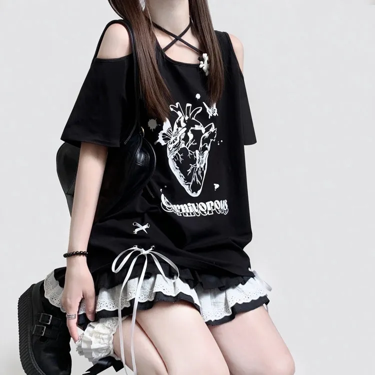 Kawaii Subculture Style Cartoon Pattern Print Strapless Tie T-shirt