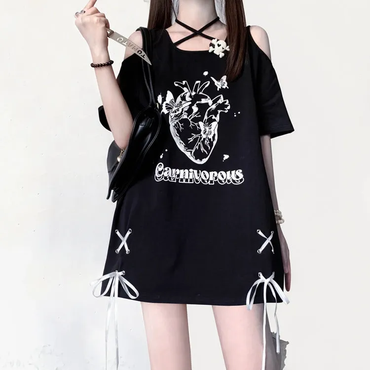 Kawaii Subculture Style Cartoon Pattern Print Strapless Tie T-shirt