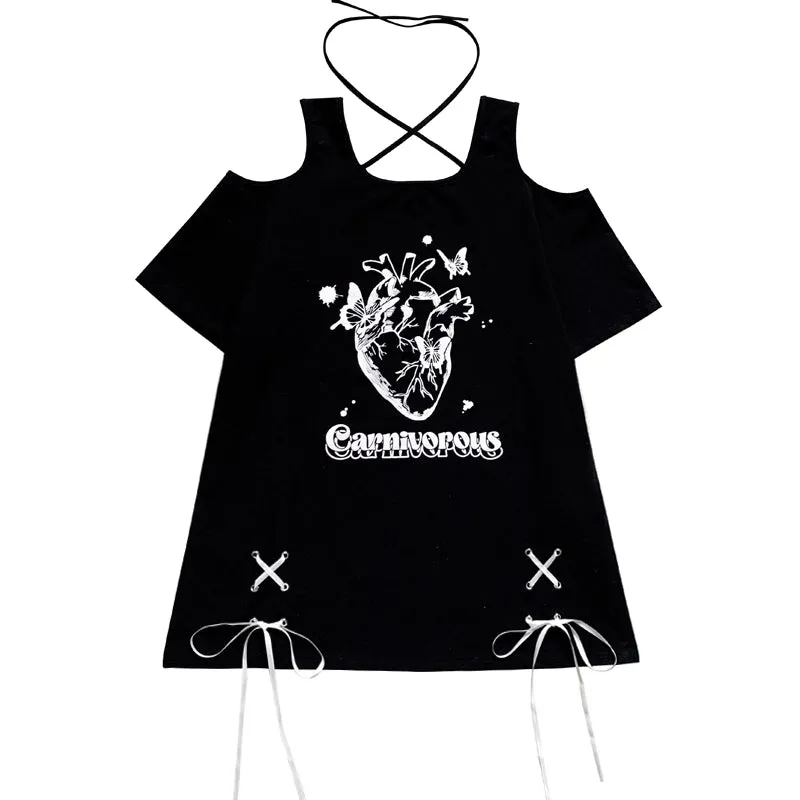 Kawaii Subculture Style Cartoon Pattern Print Strapless Tie T-shirt