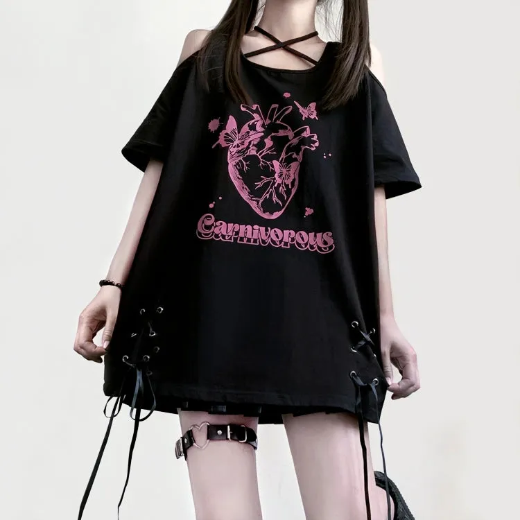 Kawaii Subculture Style Cartoon Pattern Print Strapless Tie T-shirt