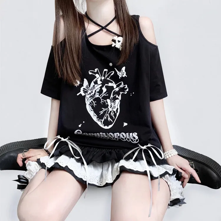 Kawaii Subculture Style Cartoon Pattern Print Strapless Tie T-shirt