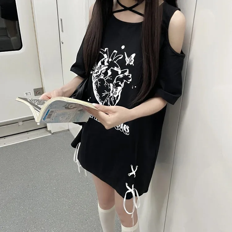 Kawaii Subculture Style Cartoon Pattern Print Strapless Tie T-shirt