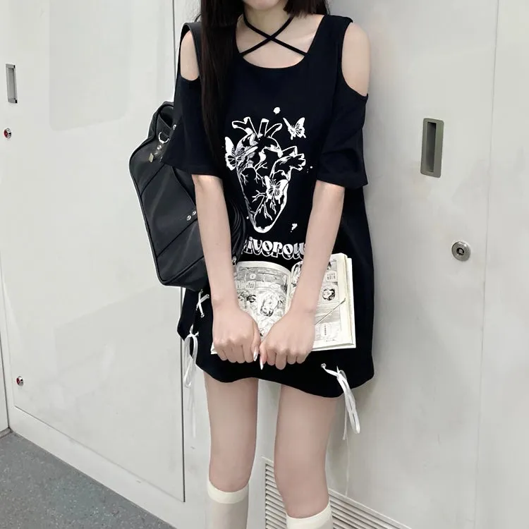 Kawaii Subculture Style Cartoon Pattern Print Strapless Tie T-shirt