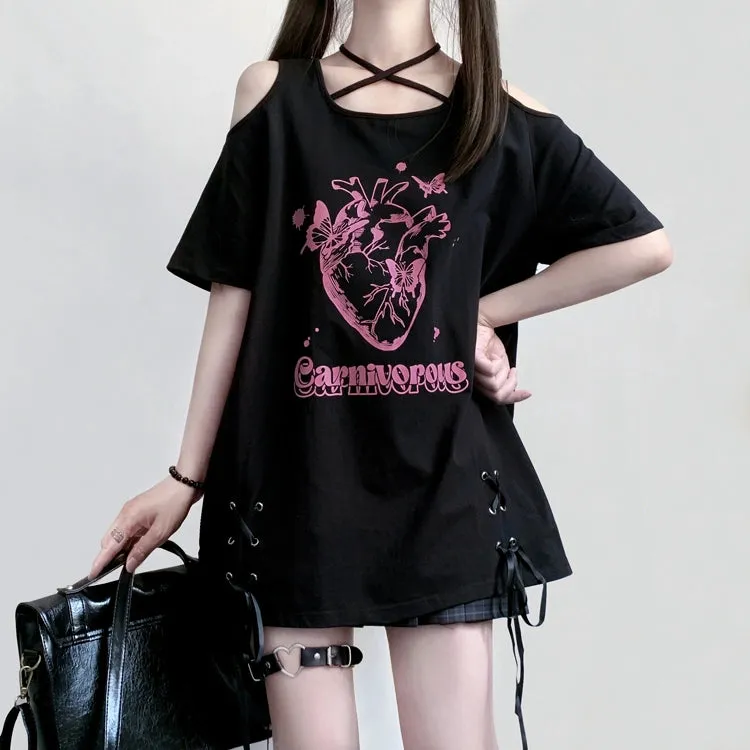 Kawaii Subculture Style Cartoon Pattern Print Strapless Tie T-shirt