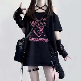 Kawaii Subculture Style Cartoon Pattern Print Strapless Tie T-shirt