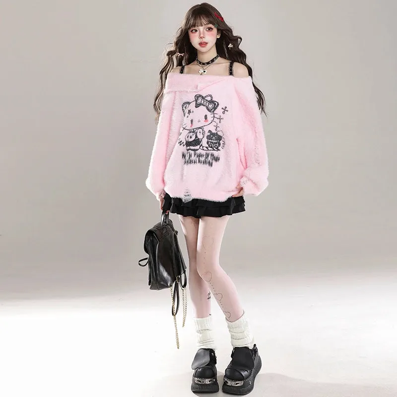 Kawaii Sweet Girl Style Hello Kitty Print Off-Shoulder Sweater