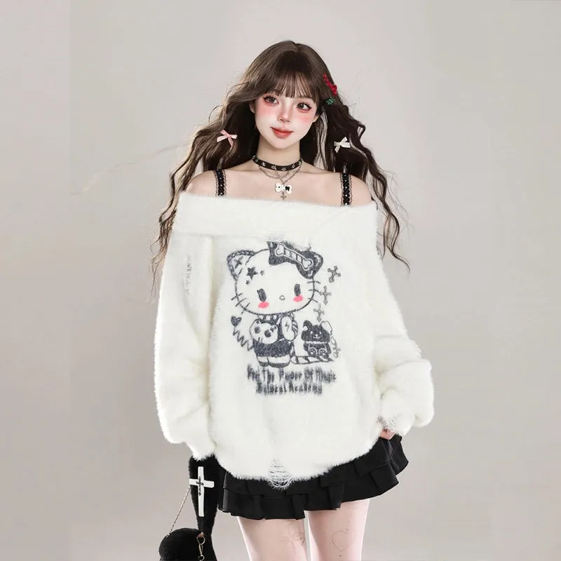 Kawaii Sweet Girl Style Hello Kitty Print Off-Shoulder Sweater
