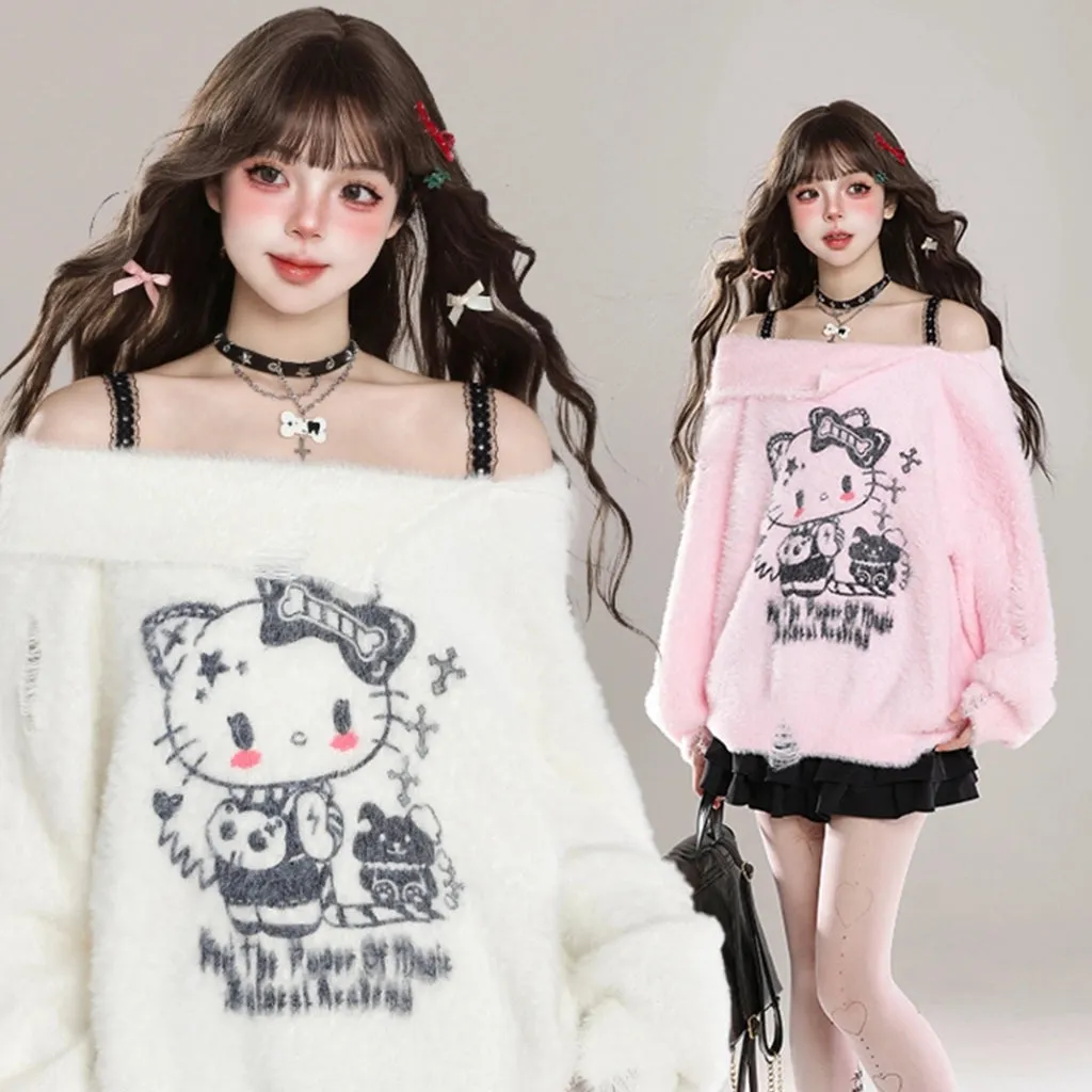 Kawaii Sweet Girl Style Hello Kitty Print Off-Shoulder Sweater