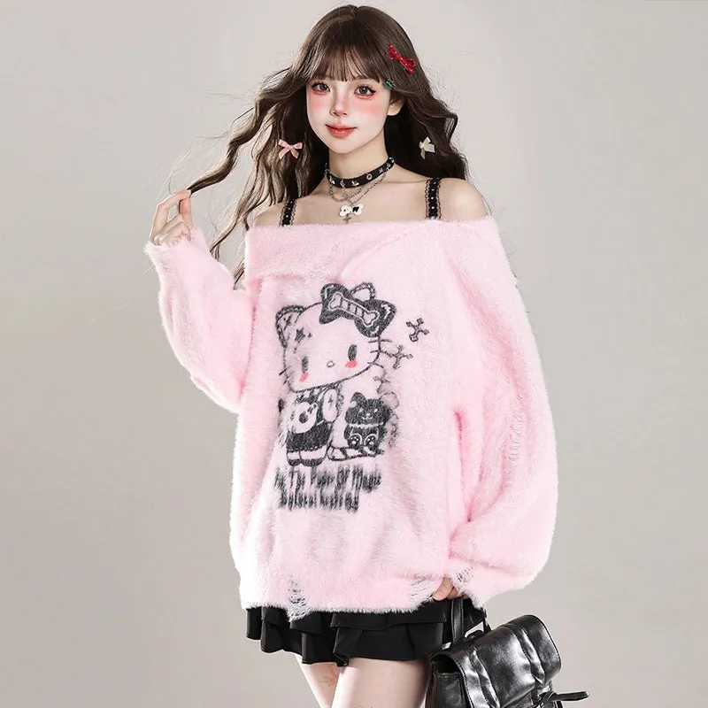 Kawaii Sweet Girl Style Hello Kitty Print Off-Shoulder Sweater