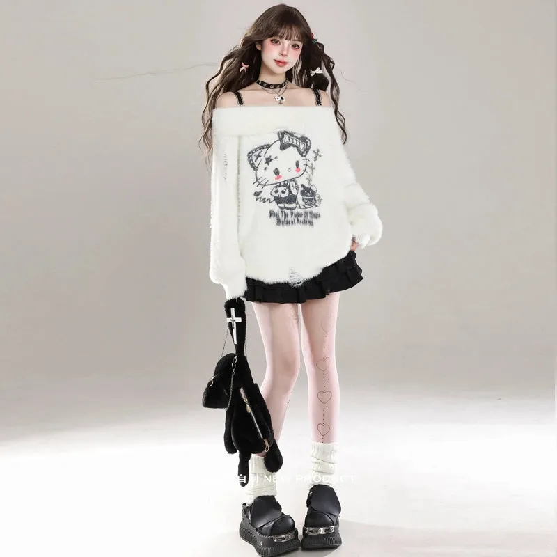 Kawaii Sweet Girl Style Hello Kitty Print Off-Shoulder Sweater