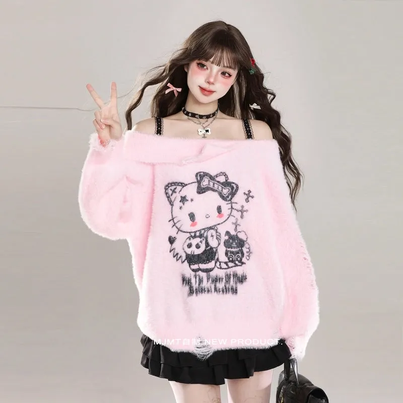 Kawaii Sweet Girl Style Hello Kitty Print Off-Shoulder Sweater