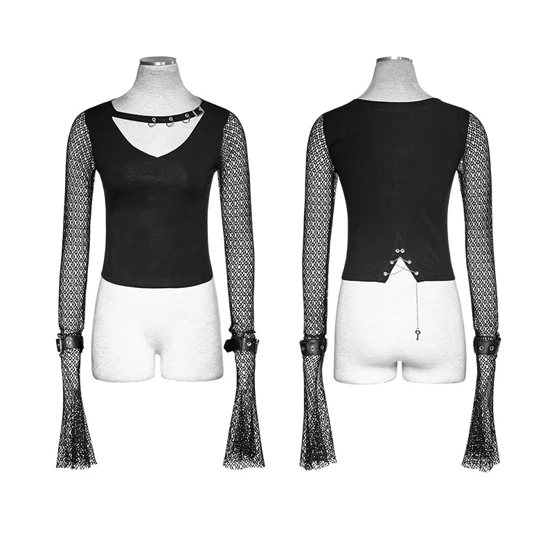 T-451 Mesh Long Sleeves Women Skinny Punk T-shirts With V Neck