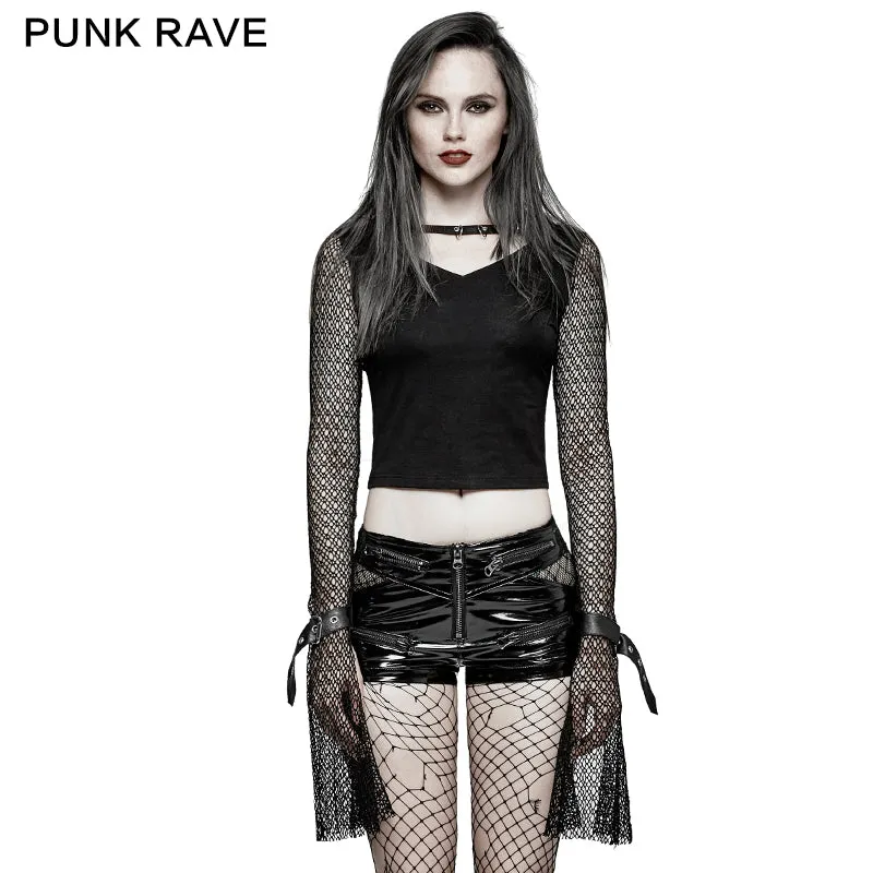 T-451 Mesh Long Sleeves Women Skinny Punk T-shirts With V Neck