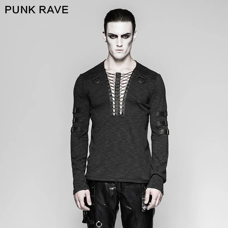 T-462 Chest Strap V-neck Long Sleeve Punk T-shirts