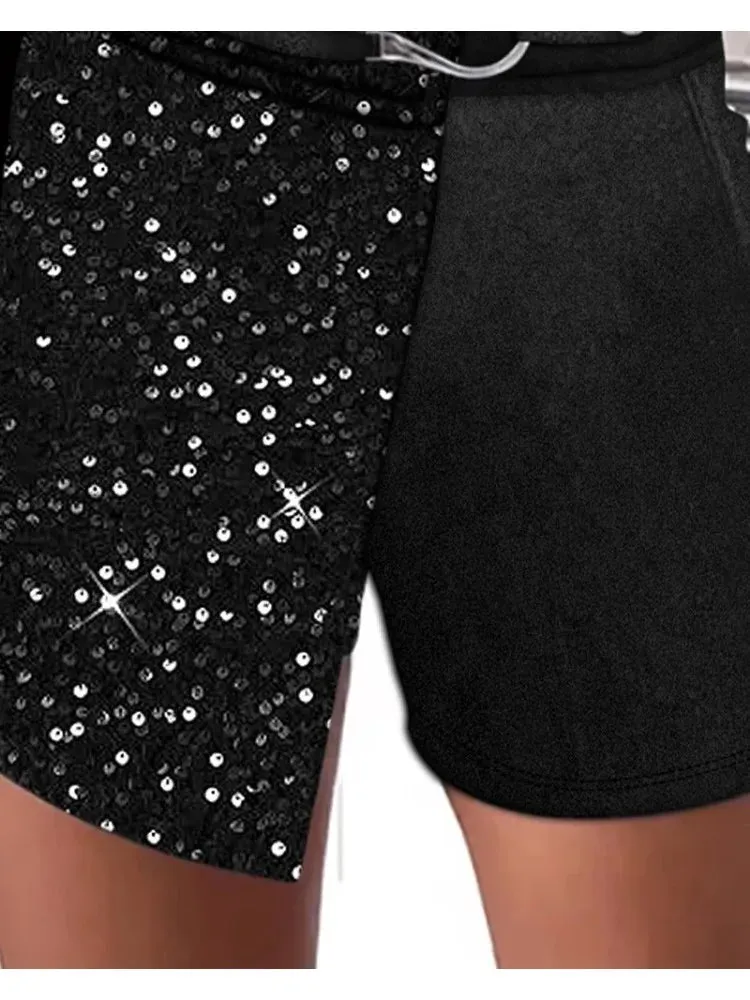 UAKISS  -  Fashion Women's Shorts Summer Solid Color High Waist Buckled Straight Short Pants Sequins Stitching Women Clothing Office Wear