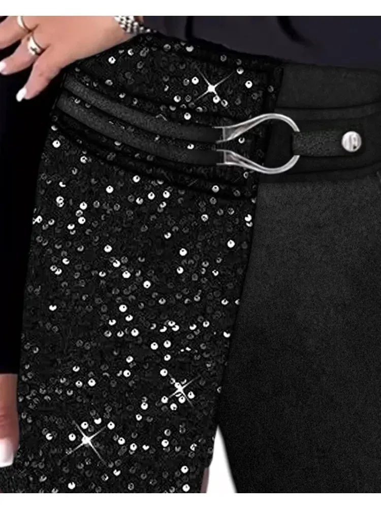 UAKISS  -  Fashion Women's Shorts Summer Solid Color High Waist Buckled Straight Short Pants Sequins Stitching Women Clothing Office Wear