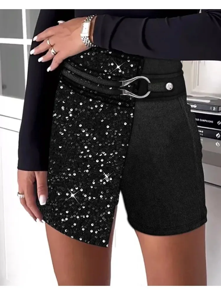UAKISS  -  Fashion Women's Shorts Summer Solid Color High Waist Buckled Straight Short Pants Sequins Stitching Women Clothing Office Wear